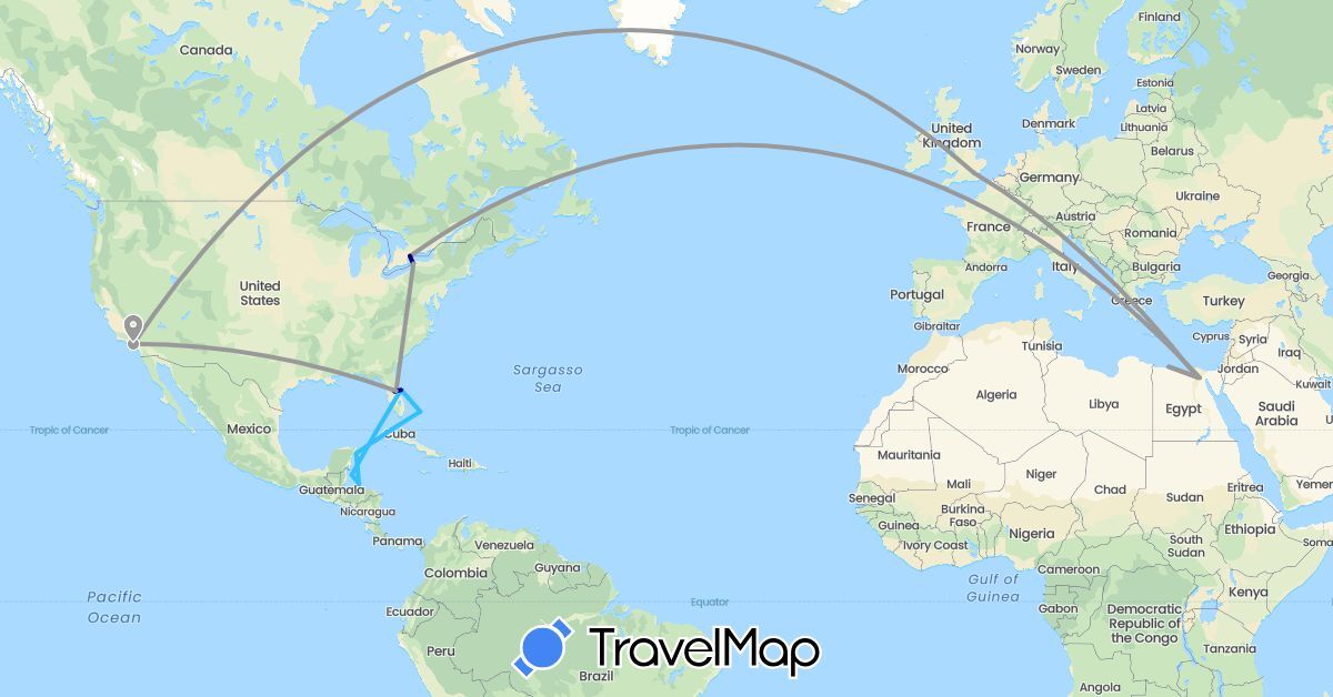 TravelMap itinerary: driving, plane, boat in Bahamas, Canada, Egypt, United Kingdom, Honduras, Mexico, United States (Africa, Europe, North America)